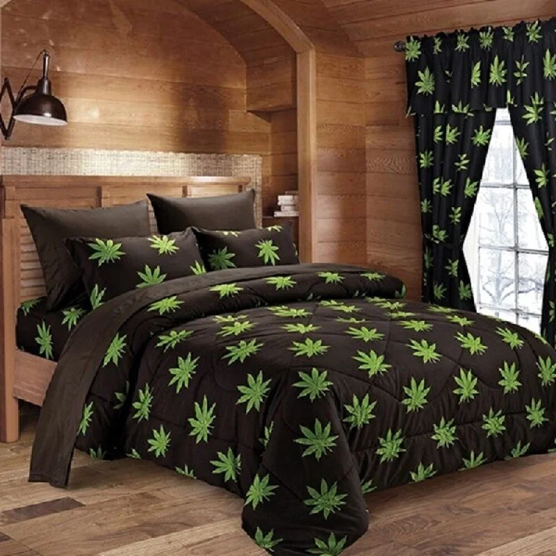 6 Piece 420 Herb Bud Pot Weed Leaf Microfiber Queen Bed Sheets Black