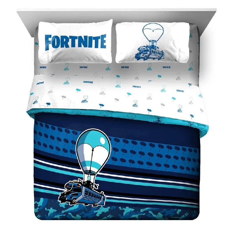 7 Piece Queen Bed Set Reversible Comforter Sheet Set,Blue - Fortnite