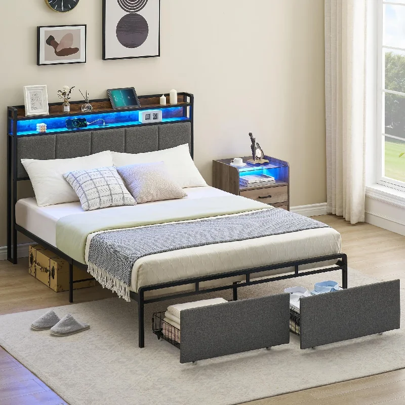 Bed Frame with 2 Storage Drawers and LED Lights Headboard