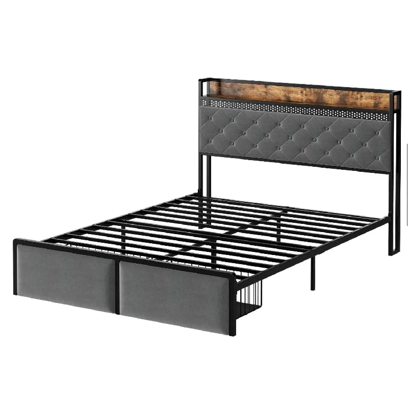 Bed Frame with Storage Headboard, LED Lights and USB Ports