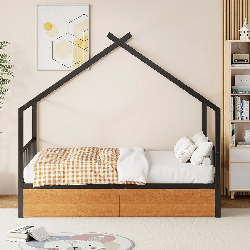 Black House-shaped Frame Metal Bed for Children Platform House Bed with 2 Drawers and Roof, Full Size Bed