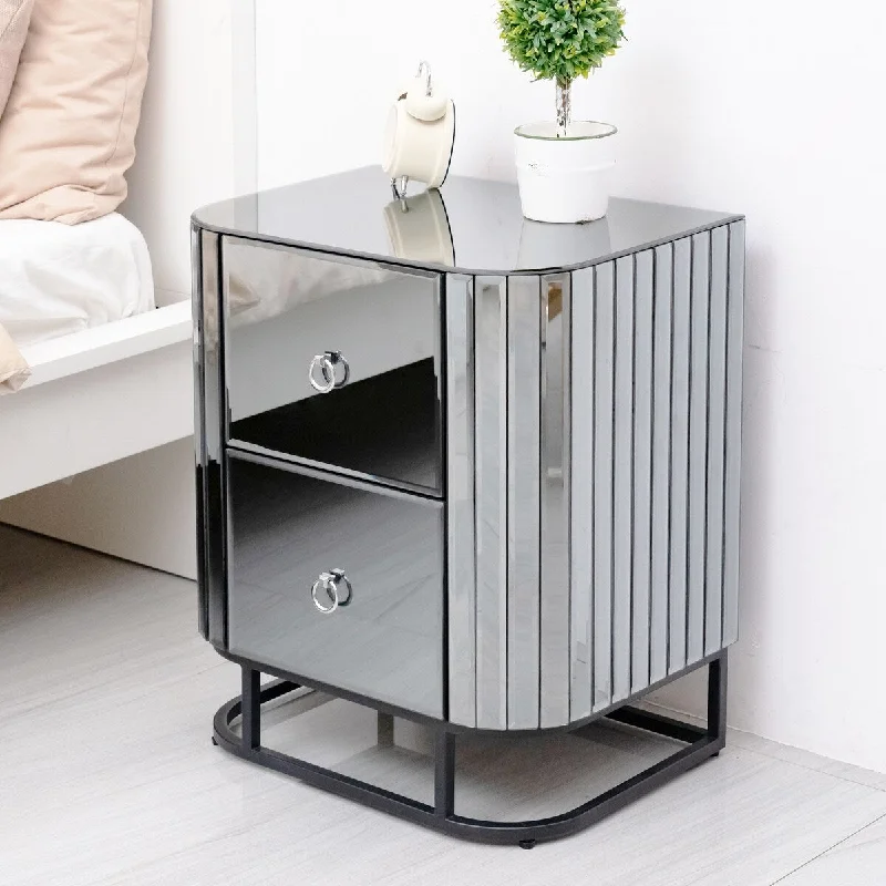 Black Iron Frame Mirrored Nightstand - Grey End Table for Bedroom or Living Room - Stylish and Chic