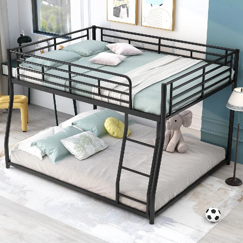 Black Metal Floor Bunk Bed with Sloping Stairs Modern Stylish Bunkbeds for Bedroom Dorm Metal Low Bunk Frame Bed