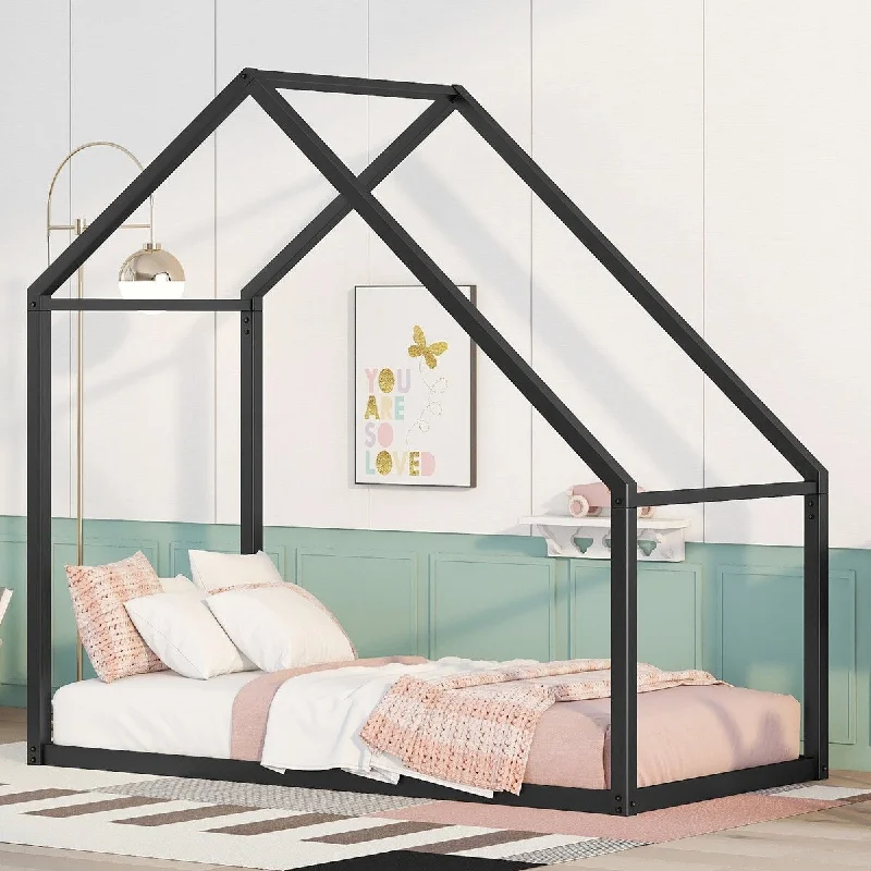 Black Twin Size Kids Metal House Bed - Roof Design, Superior Quality Metal Frame