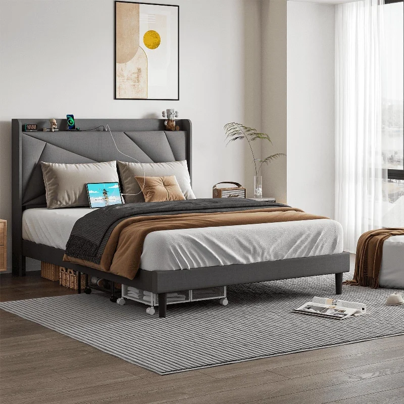 Bossin Upholstered Bed Frame with Headboard, Platform Bed Frame with Type-C & USB Ports,Mattress Foundation