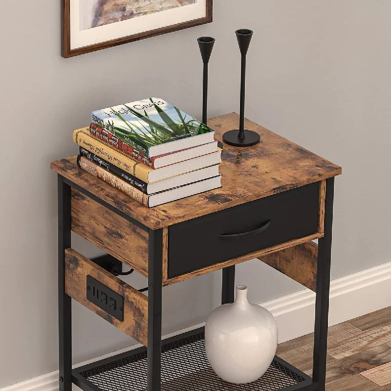 Brown Nightstand with Drawer, USB Ports, Socket - Stylish Storage for Bedroom or Living Room