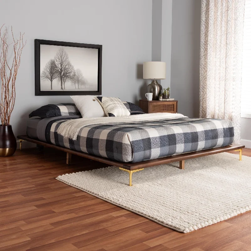 Channary Mid-Century Modern Transitional Walnut Brown Finished Wood and Gold Metal Bed Frame