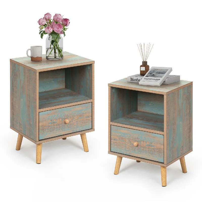 Chic Pair of Green Bedside Tables with Drawer and Storage Space, Perfect for Adding a Rustic Charm to Your Bedroom