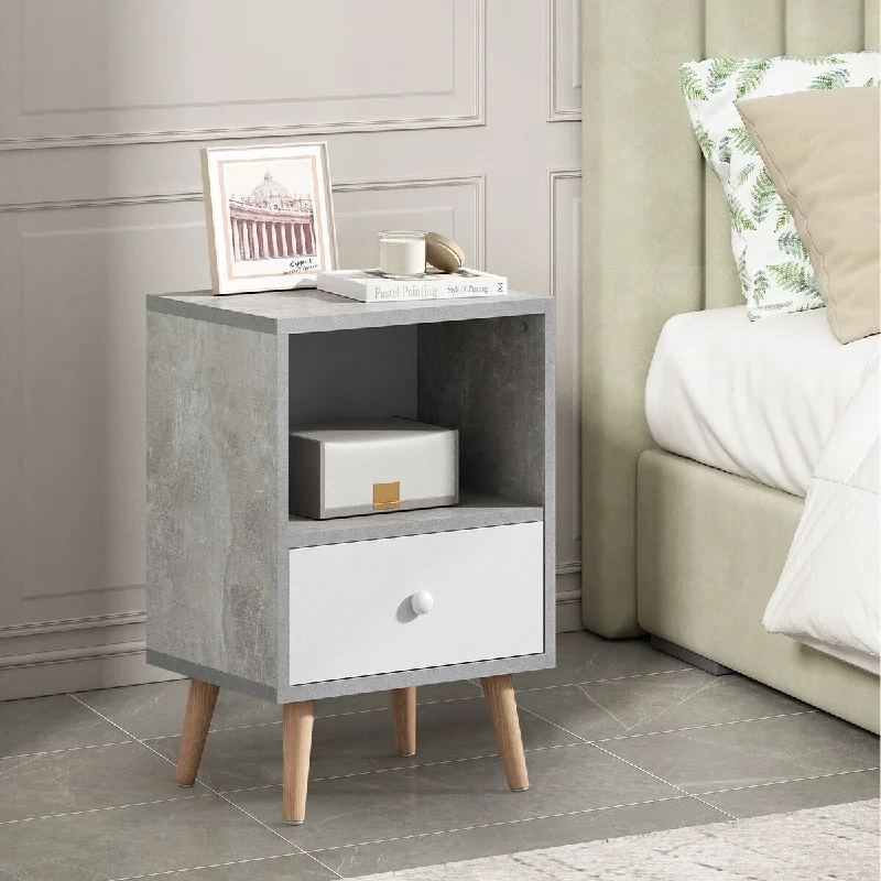 Contemporary Set of Two Grey Bedside Tables with Drawer and Storage Compartment, Ideal for Modern Bedroom Decor