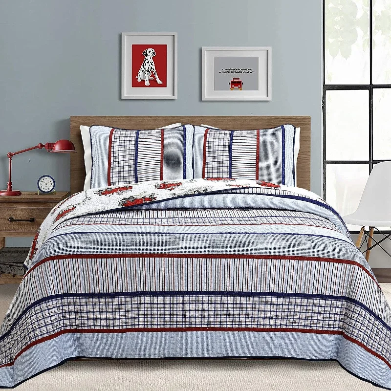 Cozy Line Benjamin Stripe Truck Print Quilt Bedding Set