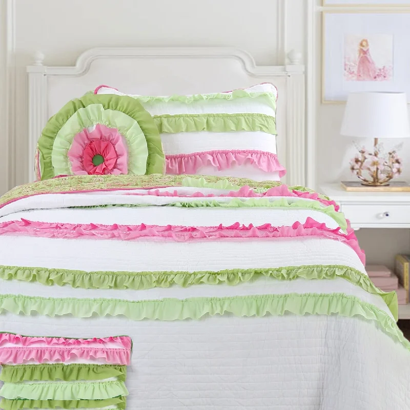 Cozy Line Charlotte Chic Pink Green Ruffle Quilt Bedding Set