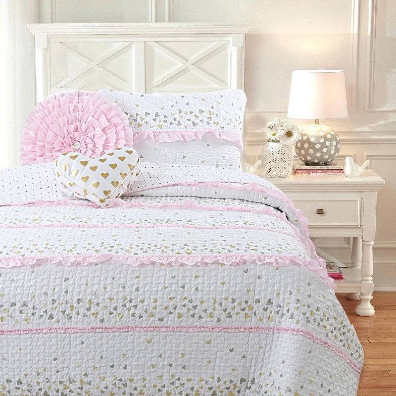 Cozy Line Sweet Heart Polka Dot Pink Ruffle Cotton Quilt Bedding Set