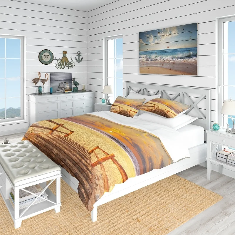 Designart 'Brown Wooden Boardwalk into Beach' Coastal Bedding Set - Duvet Cover & Shams