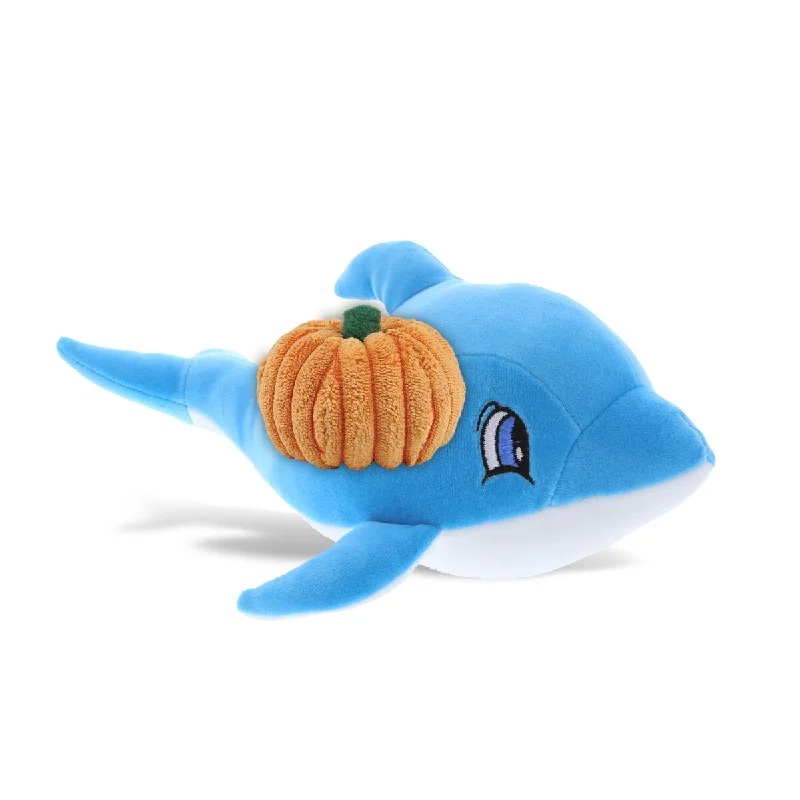 DolliBu Baby Soft Blue Dolphin Stuffed Animal with Pumpkin Decor - 12 inches