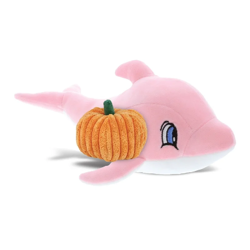 DolliBu Baby Soft Pink Dolphin Stuffed Animal with Pumpkin Decor - 12 inches