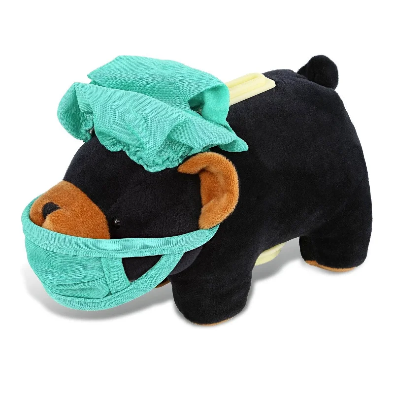 DolliBu Black Bear Doctor Plush Bank with Cute Scrub Uniform and Cap - 9 inches