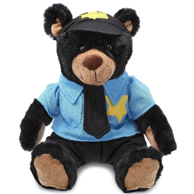 DolliBu Black Bear Police Officer Plush Toy with Cop Uniform and Cap - 10 inches