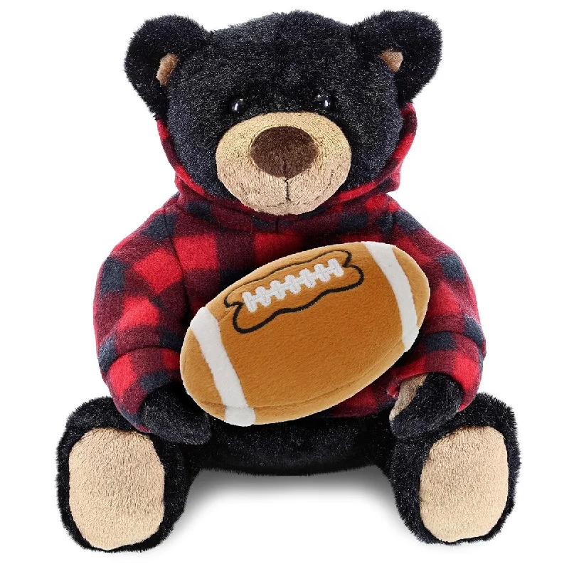 DolliBu Black Bear Stuffed Toy w/ Red Plaid Hoodie with Football Plush - 10 inches