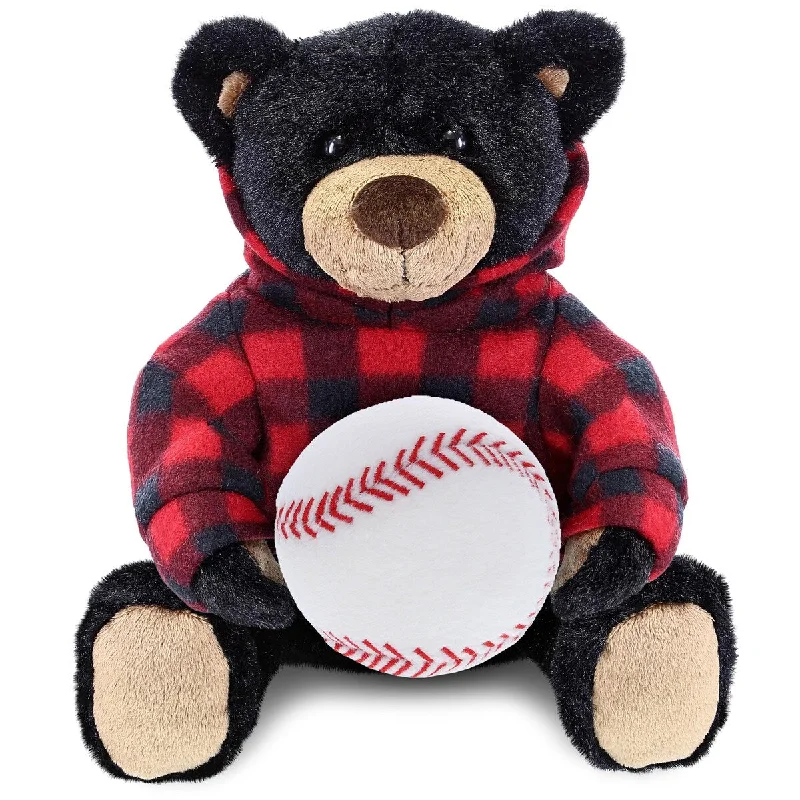 DolliBu Black Bear With Baseball Plush with Red Plaid Hoodie - 10 inches