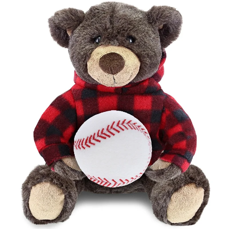 DolliBu Brown Bear With Baseball Plush with Red Plaid Hoodie - 10 inches