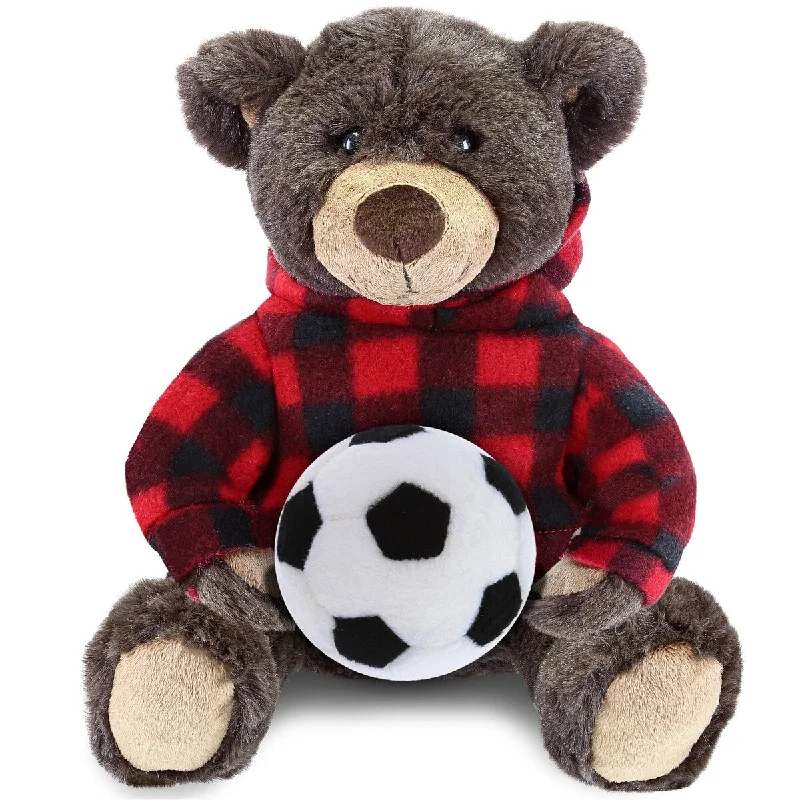 DolliBu Brown Bear with Soccer Ball Plush and Red Plaid Hoodie - 10 inches