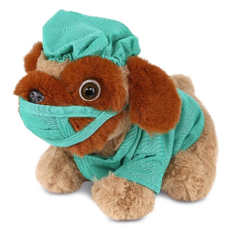 DolliBu Brown Pug Dog Doctor Plush Toy with Cute Scrub Uniform and Cap - 8 inches