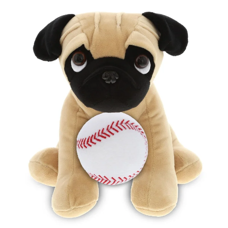 DolliBu Brown Pug Dog Stuffed Animal with Baseball Plush Toy - 8 inches