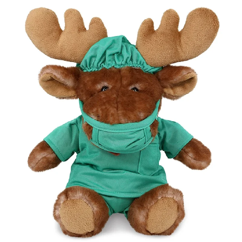 DolliBu Brown Sitting Moose Doctor Plush with Scrub Uniform and Cap - 10 inches