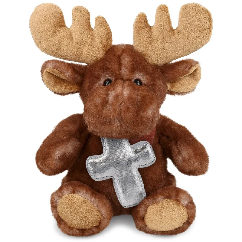 DolliBu Brown Sitting Moose Stuffed Animal with Silver Cross Plush Toy - 10 inches