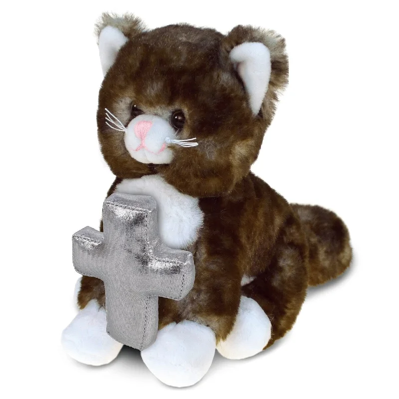 DolliBu Cute Brown Cat Stuffed Animal with Silver Cross Plush - 7 inches