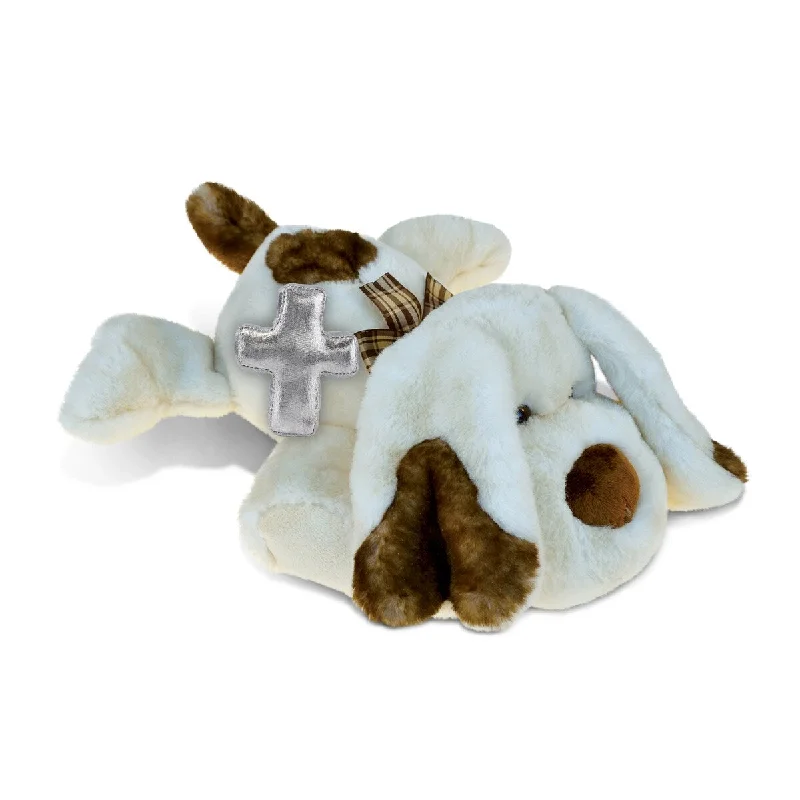 DolliBu Cute Lying Dog Stuffed Animal with Silver Cross Plush Toy - 14 inches