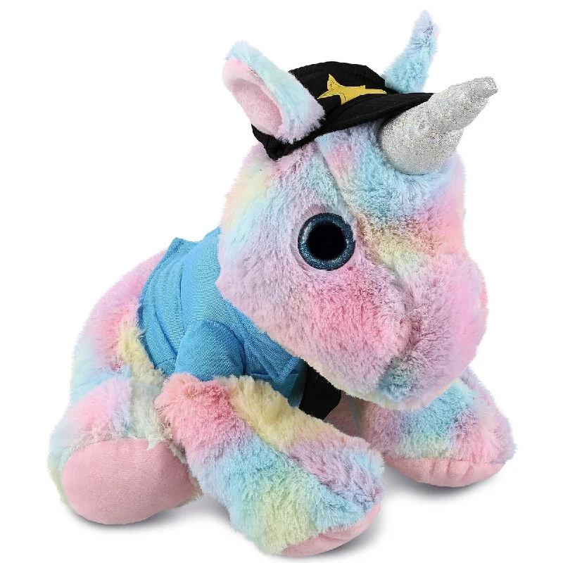 DolliBu Floppy Rainbow Unicorn Police Officer Plush Toy Cop Uniform - 10 inches