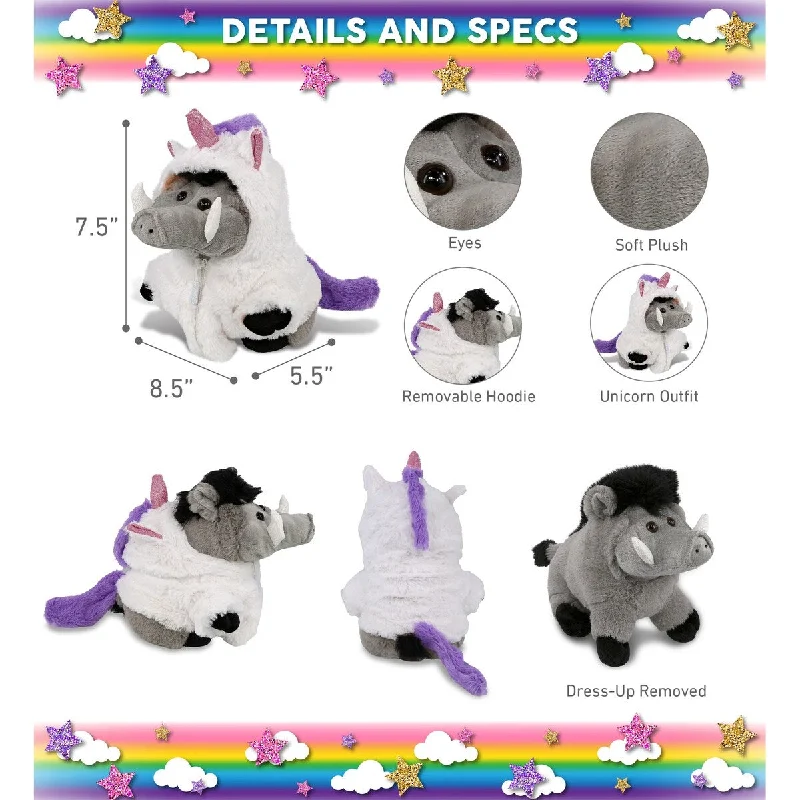 DolliBu Grey Boar Unicorn Plush Stuffed Animal Toy with Outfit - 7.5 inches