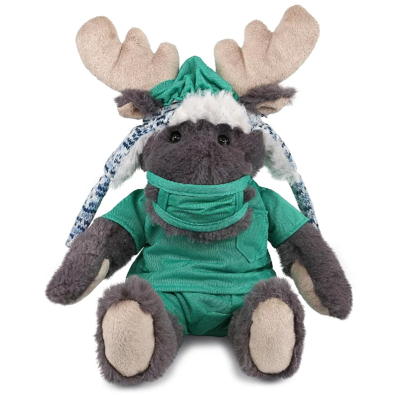 DolliBu Grey Moose Doctor Plush with Cute Scrub Uniform and Cap Outfit - 15 inches