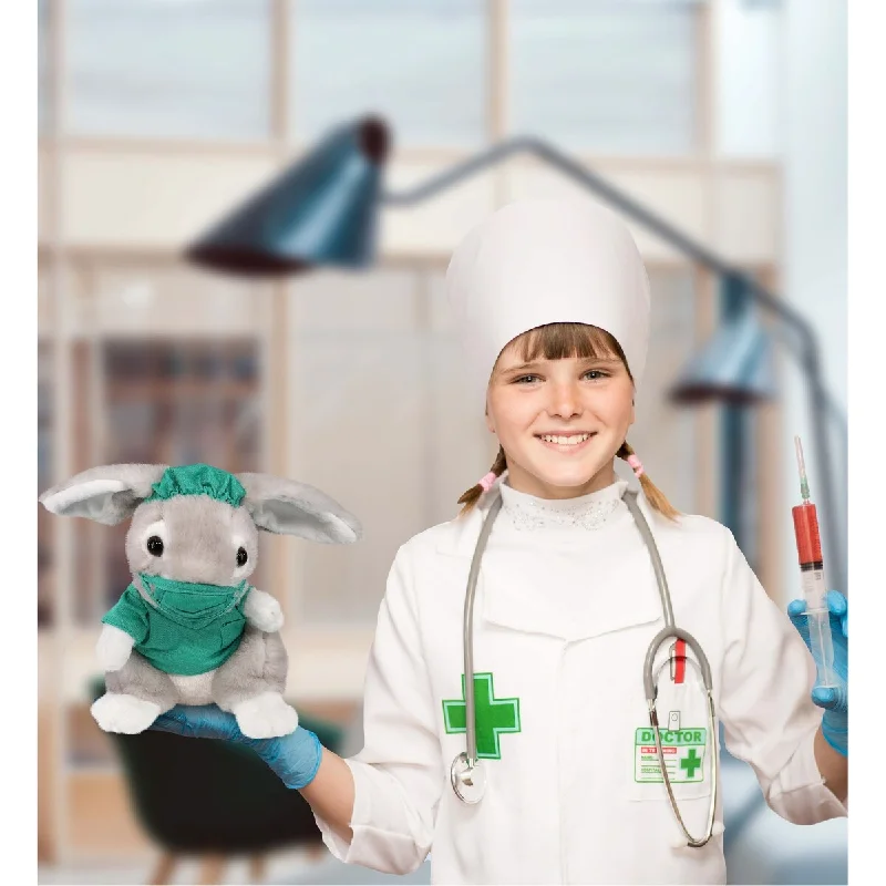 DolliBu Grey Rabbit Doctor Plush Toy with Scrub Uniform and Cap Outfit - 6.5 inches