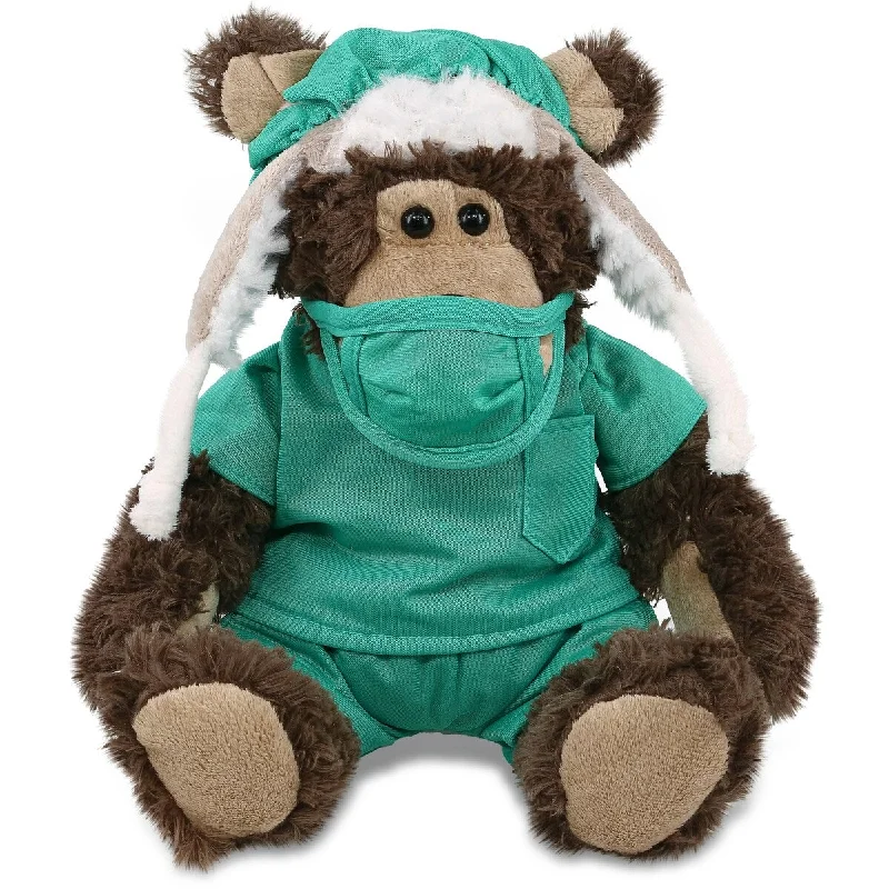 DolliBu Grizzly Bear Doctor Plush Toy with Cute Scrub Uniform and Cap - 10 inches