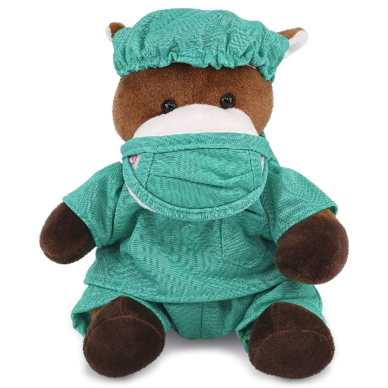 DolliBu Horse Doctor Plush Toy with Cute Scrub Uniform and Cap Outfit - 6 inches