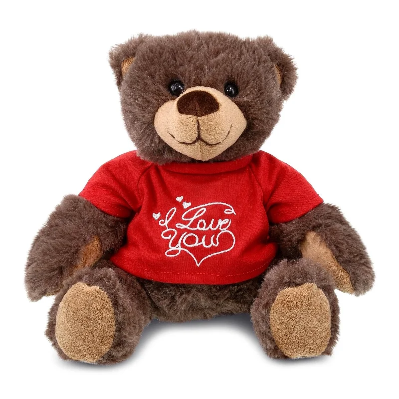 DolliBu I LOVE YOU Brown Bear with Red Plaid Hoodie and Red Shirt - 10 inches