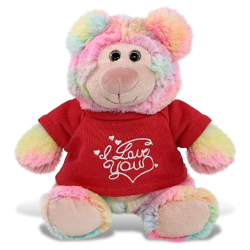 DolliBu I LOVE YOU Cute Rainbow Bear Plush with Red Shirt - 9 inches