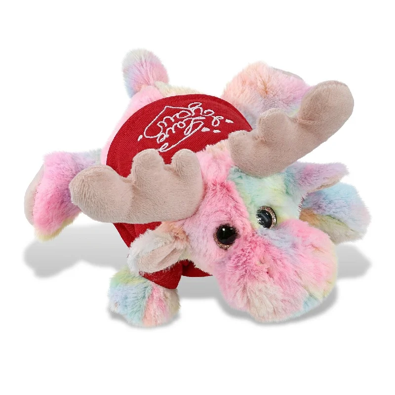 DolliBu I LOVE YOU Cute Rainbow Lying Moose Plush with Red Shirt - 9.5 inches