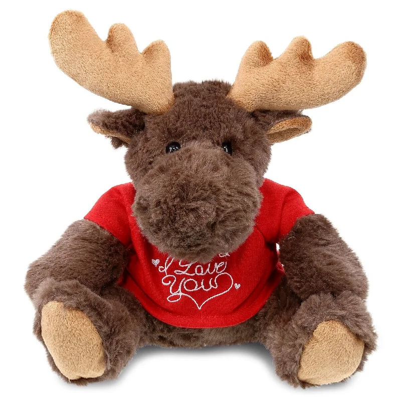 DolliBu I LOVE YOU Moose with Red Plaid Hoodie and Red Shirt Plush - 10 inches