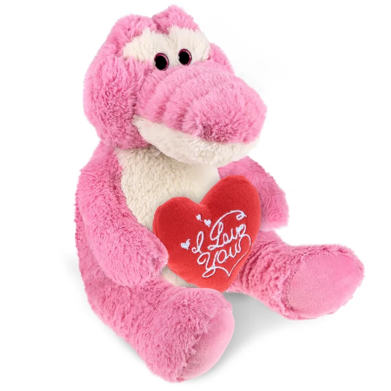 DolliBu I LOVE YOU Plush Cute Sitting Pink Alligator with Red Heart - 10 inches