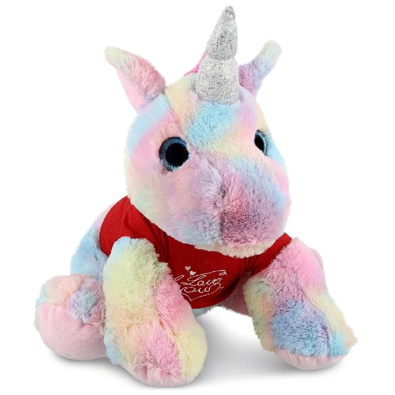 DolliBu I LOVE YOU Plush Floppy Rainbow Unicorn with Red Shirt - 10 inches