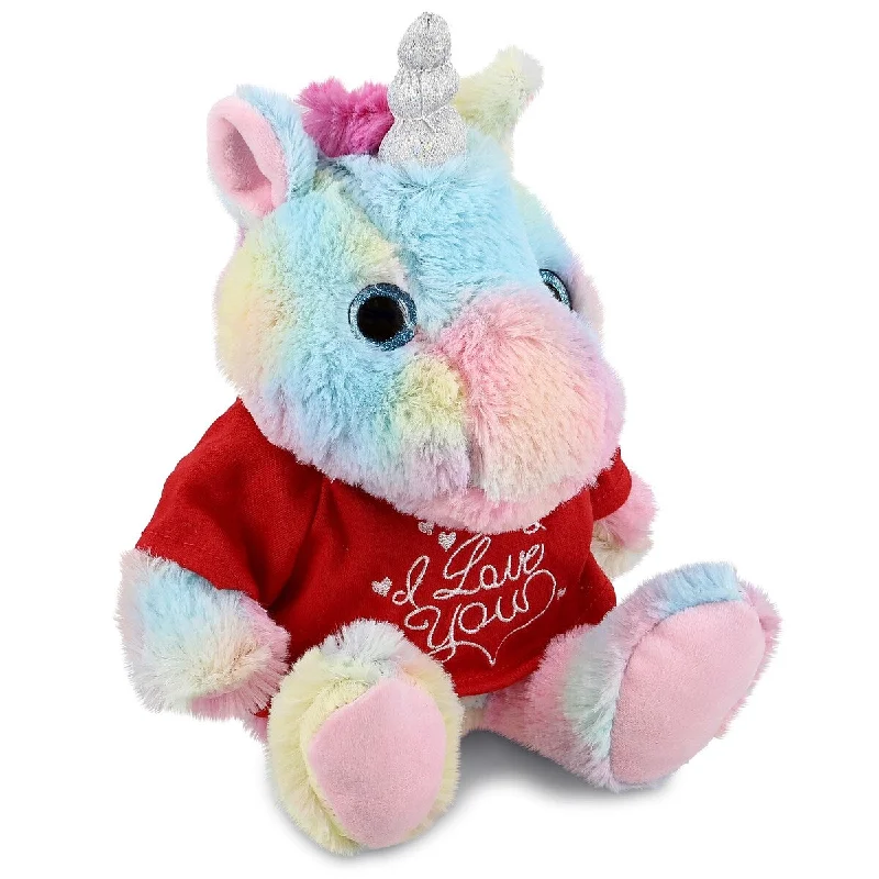 DolliBu I LOVE YOU Plush Sitting Rainbow Unicorn with Red Shirt - 10 inches