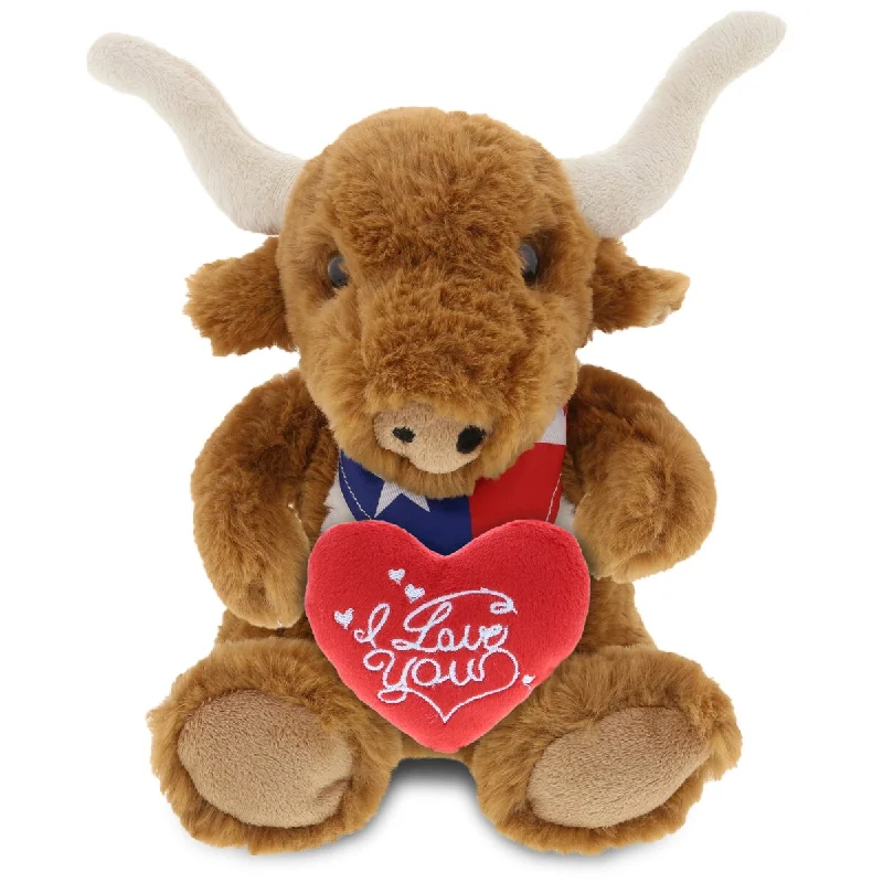 DolliBu I LOVE YOU Plush Texas Longhorn with Red Heart Plush - 8 inches