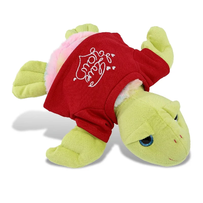 DolliBu I LOVE YOU Rainbow Green Sea Turtle Plush with Red Shirt - 10 inches