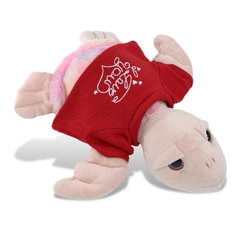 DolliBu I LOVE YOU Rainbow Pink Sea Turtle Plush with Red Shirt - 10 inches