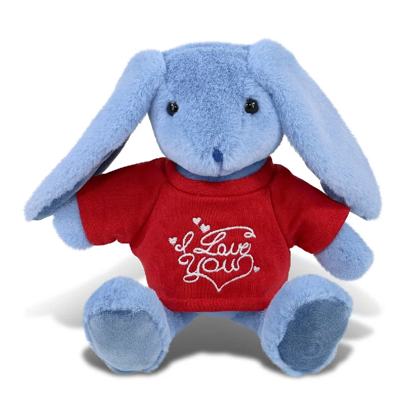 DolliBu I LOVE YOU Super Soft Baby Blue Rabbit Plush with Red Shirt - 8 inches