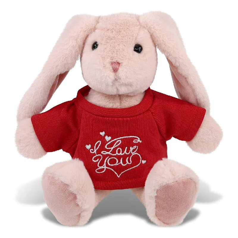 DolliBu I LOVE YOU Super Soft Baby Pink Rabbit Plush with Red Shirt - 8 inches