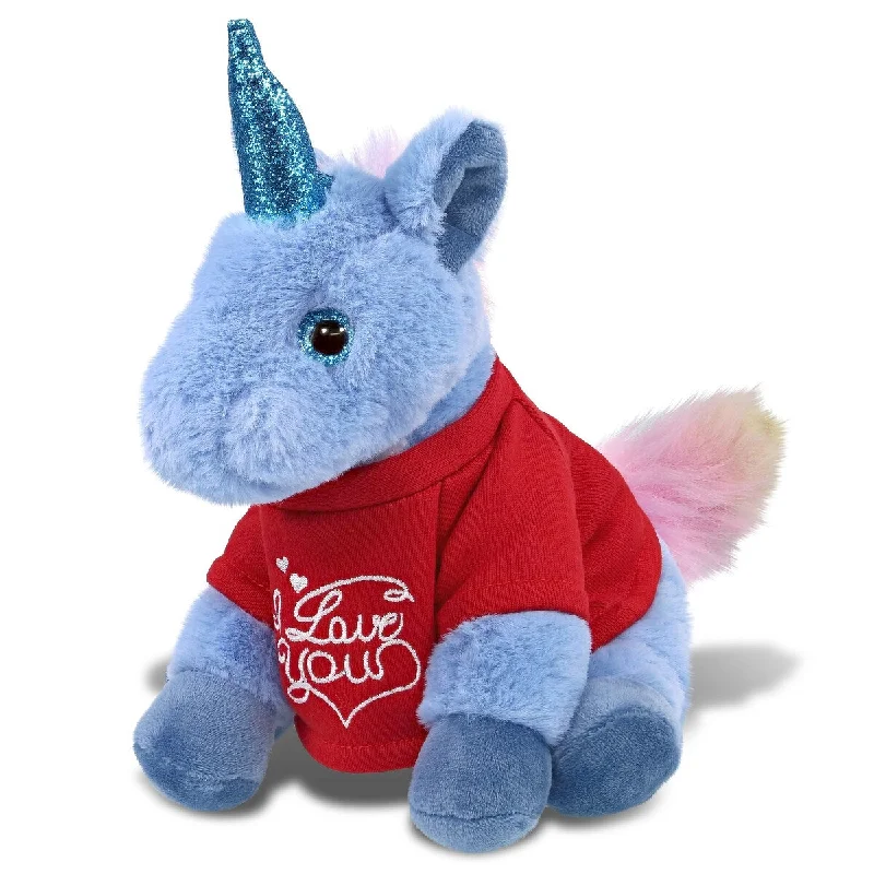 DolliBu I LOVE YOU Super Soft Blue Unicorn Plush with Red Shirt - 9 inches